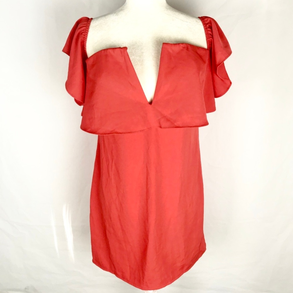Coral Deep V Off the Shoulder Flutter Sleeve Dress